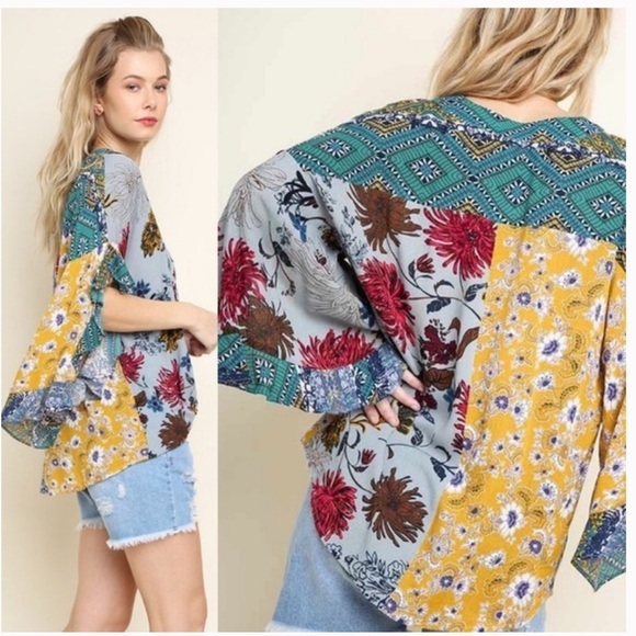 Umgee Floral Print Sage Mixed Patchwork Boho Top - Picture 16 of 16